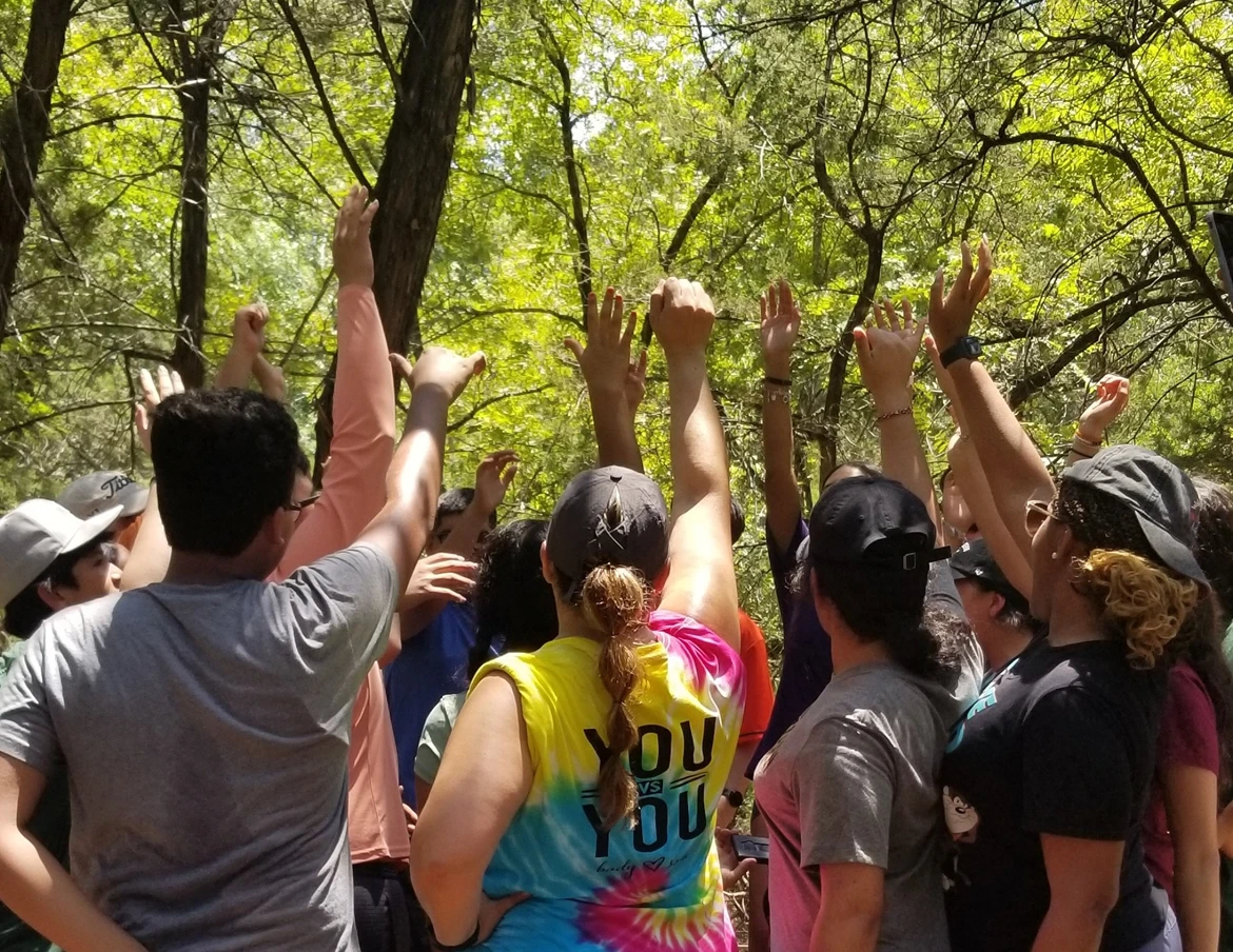 Group raising hands during outdoor team activity