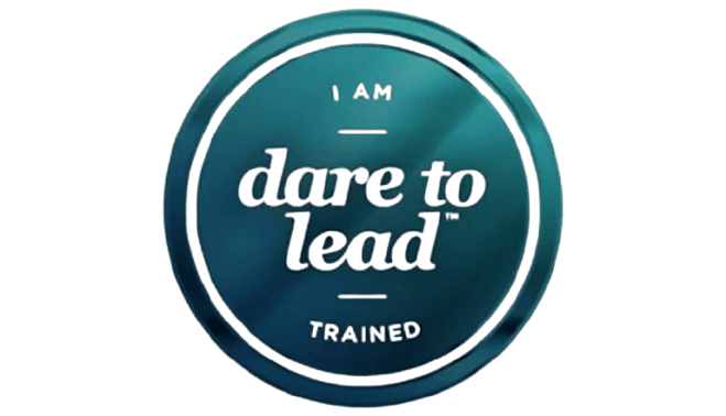 Teal badge with text "dare to lead" trained