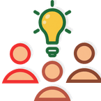 Team brainstorming icons with lightbulb idea